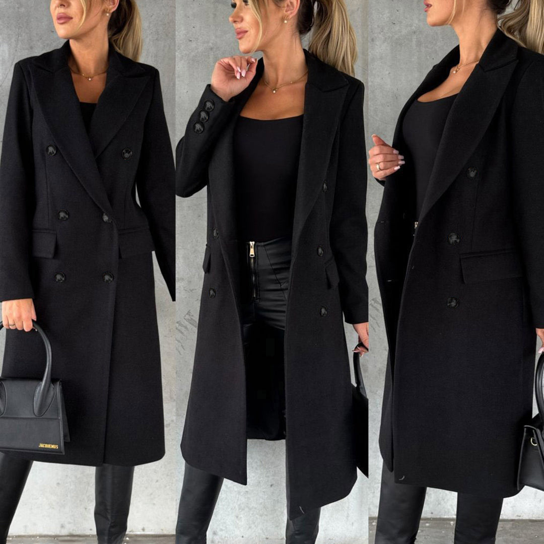 Damen Wintermantel schwarz, doppelt geknöpft, elegantes Design, modisch, warm, stilvoll.