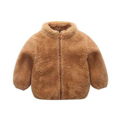 Braune Kinder-Fleecejacke mit Reißverschluss, warm, kuschelig, Wintermode, Unisex.