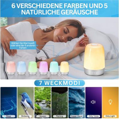 Wecker mit Sonnenaufgangssimulation, 6 Farben, 5 Naturgeräusche, LED-Licht, Schlafhilfe.