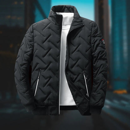 Schwarze Steppjacke Herren, Reißverschluss, warm, modisch, Winterjacke, urbaner Stil.