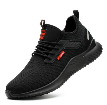 Schwarze Sicherheitsschuhe, Stahlkappe, leicht, atmungsaktiv, rutschfest, Unisex-Sneaker.