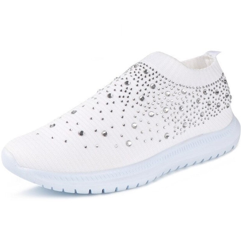 Weiße Damen-Sneaker mit Strass, atmungsaktiv, rutschfest, modisch, bequem.