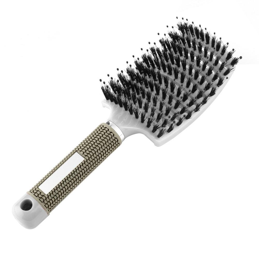 Weiße Haarbürste mit schwarzem Borsten, ergonomischer Griff, Styling-Tool.