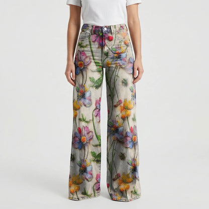 Wide-Leg Floral Print Trousers - Alexis