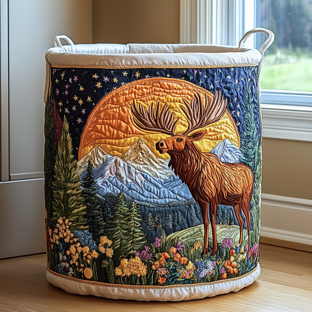 Vadderad korg med en älg framför en stor orange sol, snötäckta berg, stjärnhimmel och blommor längst ned, med vit insida. 8