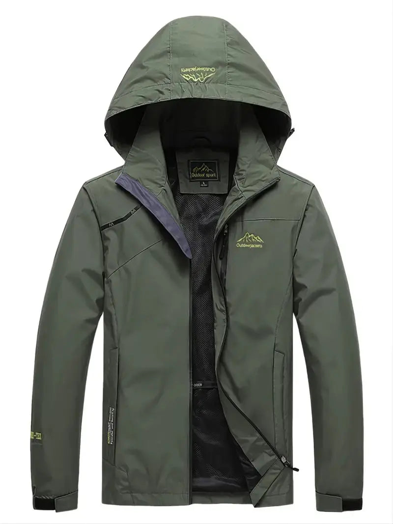 Grüne wasserdichte Outdoor-Windjacke mit Kapuze, ideal für Wandern und Camping.