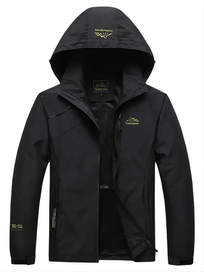 Schwarze wasserdichte Outdoor-Windjacke mit Kapuze, ideal für Wandern und Trekking.