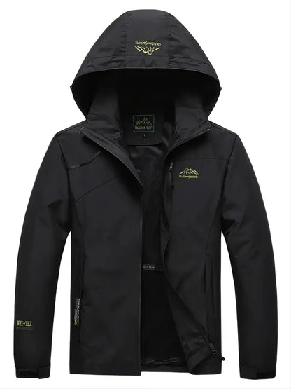 Schwarze wasserdichte Outdoor-Windjacke mit Kapuze, ideal für Wandern und Trekking.