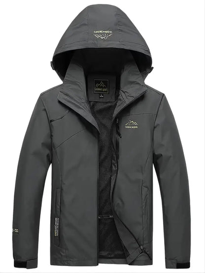 Wasserdichte Outdoor-Windjacke, dunkelgrau, mit Kapuze, atmungsaktiv, für Herren.