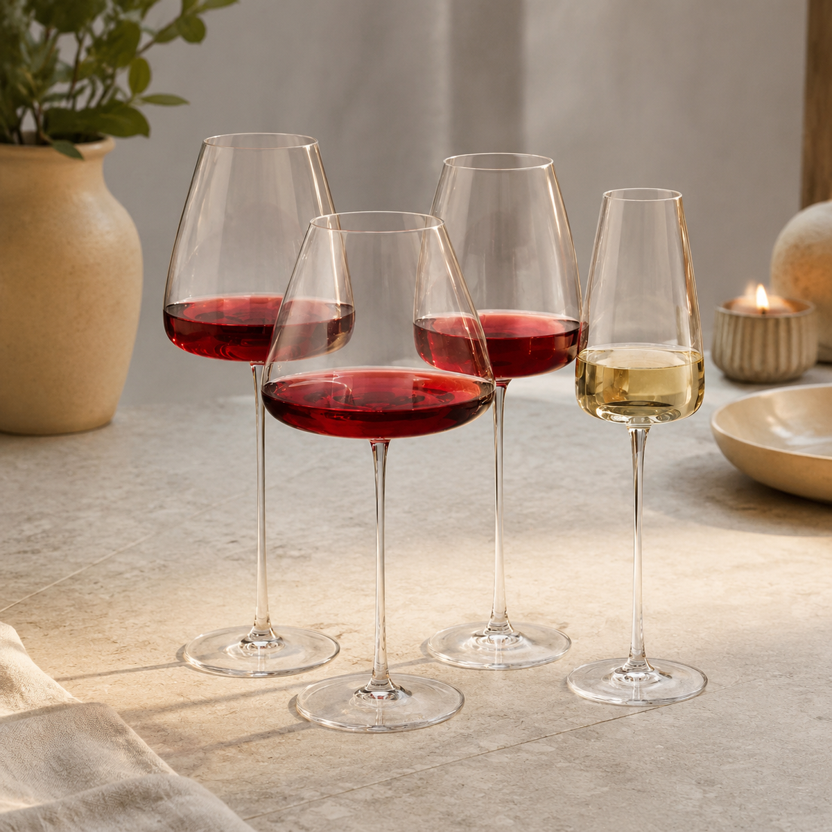 Fyra glas med rött och vitt vin i olika former på en ljus stenyta i varmt ljus. 11