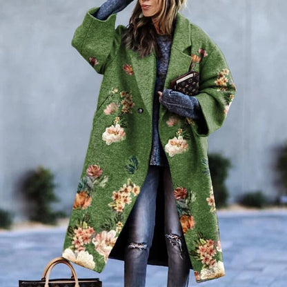 Damen-Wollmantel grün mit Blumenmuster, eleganter Retro-Stil, Herbst-Wintermode.