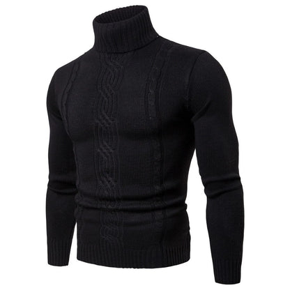 Schwarzer Herren-Rollkragenpullover, Strickmuster, Slim Fit, Wintermode, Vintage-Stil.