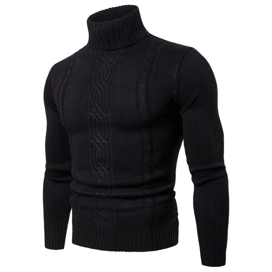 Schwarzer Herren-Rollkragenpullover, Strickmuster, Slim Fit, Wintermode, Vintage-Stil.