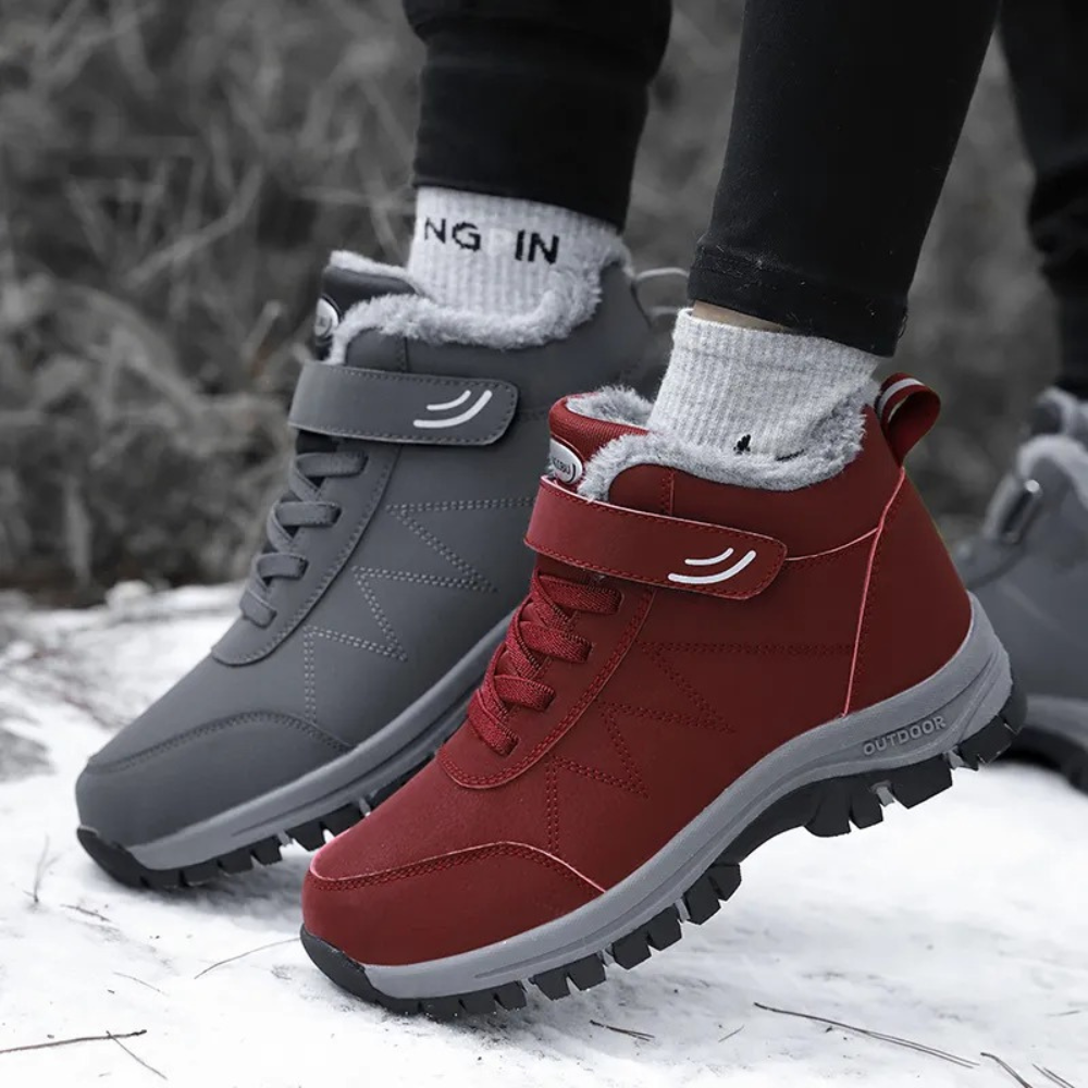 Rote und graue Winterstiefel, wasserdicht, rutschfest, warm gefüttert, Outdoor-Schuhe.
