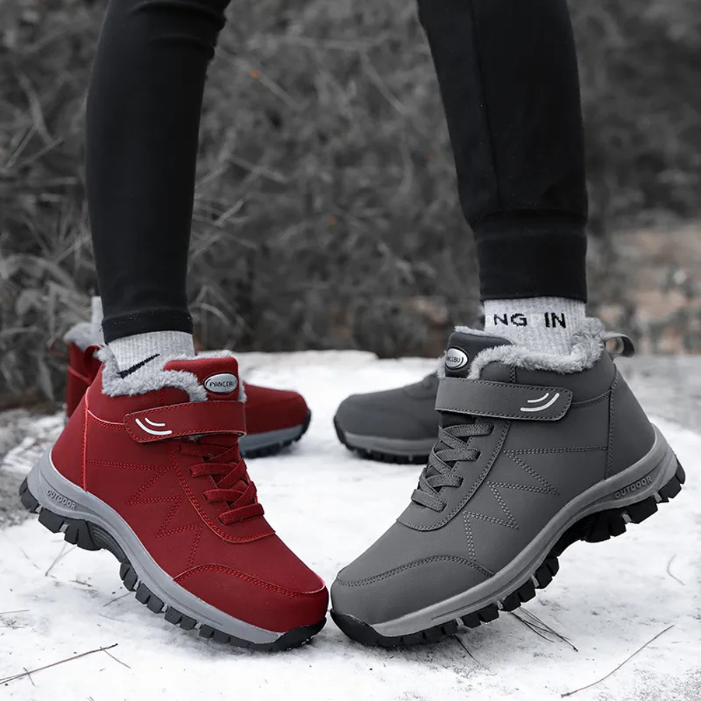 Graue und rote Winterstiefel, wasserdicht, rutschfest, warm gefüttert, Outdoor-Schuhe.