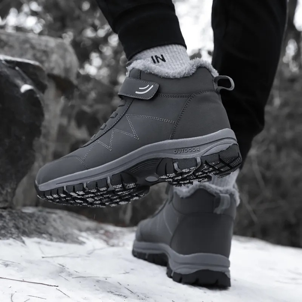 Graue Winterstiefel für Herren, wasserdicht, rutschfest, Outdoor, warm gefüttert.