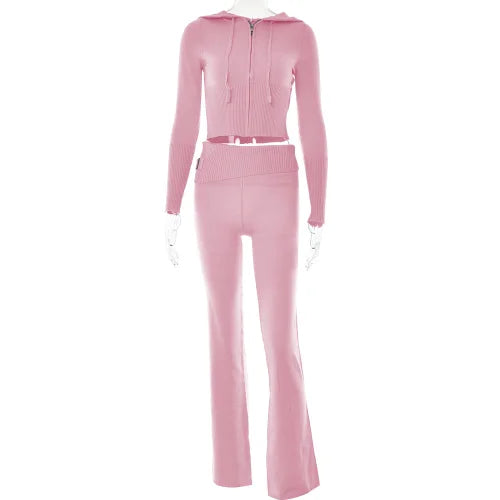 Rosa Strick-Cropped-Hoodie und Schlaghose Set, Damenmode, Frühling, hoher Bund, bequem.