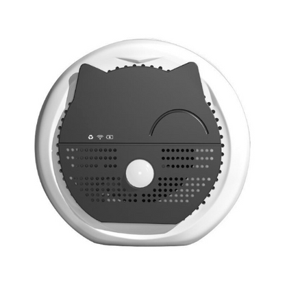 Schwarzer Katzen-Rauchmelder, rund, modern, batteriebetrieben, für Wohnräume.