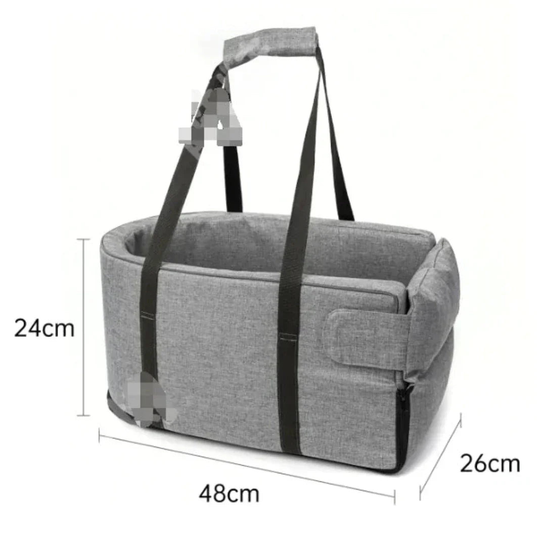 Graue Babytragetasche, 48x26x24 cm, mit Tragegriffen, faltbar, aus Stoff.