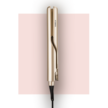 Goldener kabelloser Haarglätter, tragbar, für glattes Haarstyling, modernes Design.