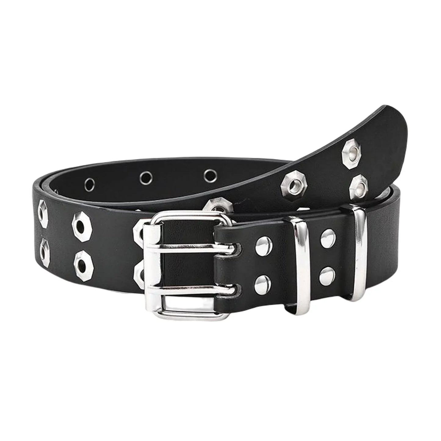Schwarzer Ledergürtel mit silbernen Nieten, modisch, robust, Unisex-Accessoire.