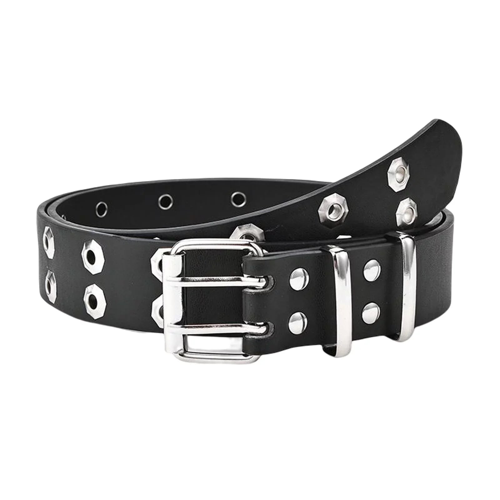 Schwarzer Ledergürtel mit silbernen Nieten, modisch, robust, Unisex-Accessoire.