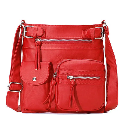 Rote Damen-Crossbody-Tasche, PU-Leder, multifunktional, modisch, mit Reißverschlusstaschen.