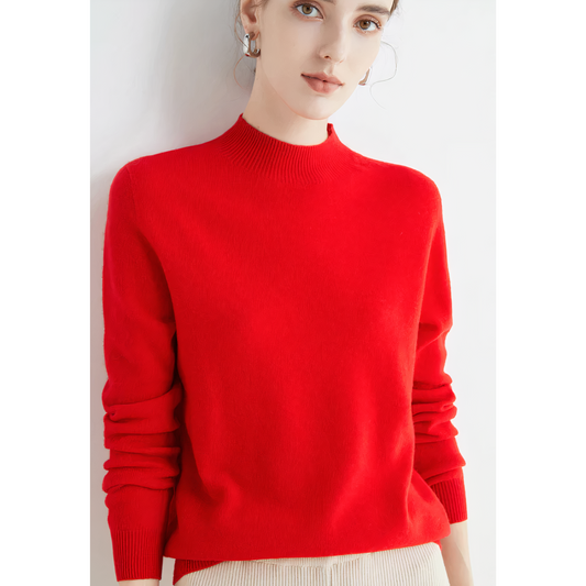 Frau in rotem Pullover, Rollkragen, elegantes Design, Damenmode, Herbst-Winter-Kollektion.