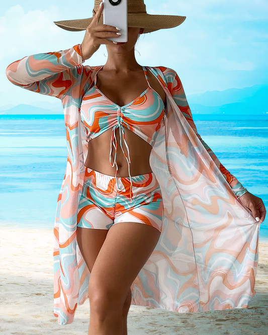 Tredelat bikiniset med hög midja och cover-up – Marisse