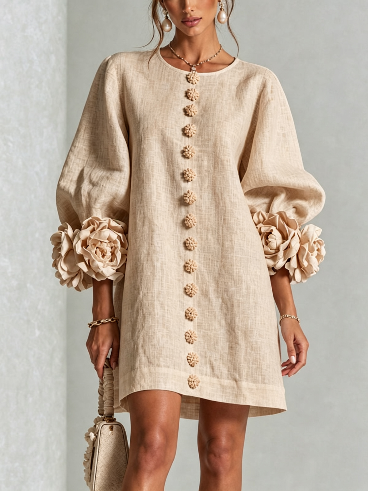 Elegant A-Line Dress with Volume Sleeves and Floral Buttons 23