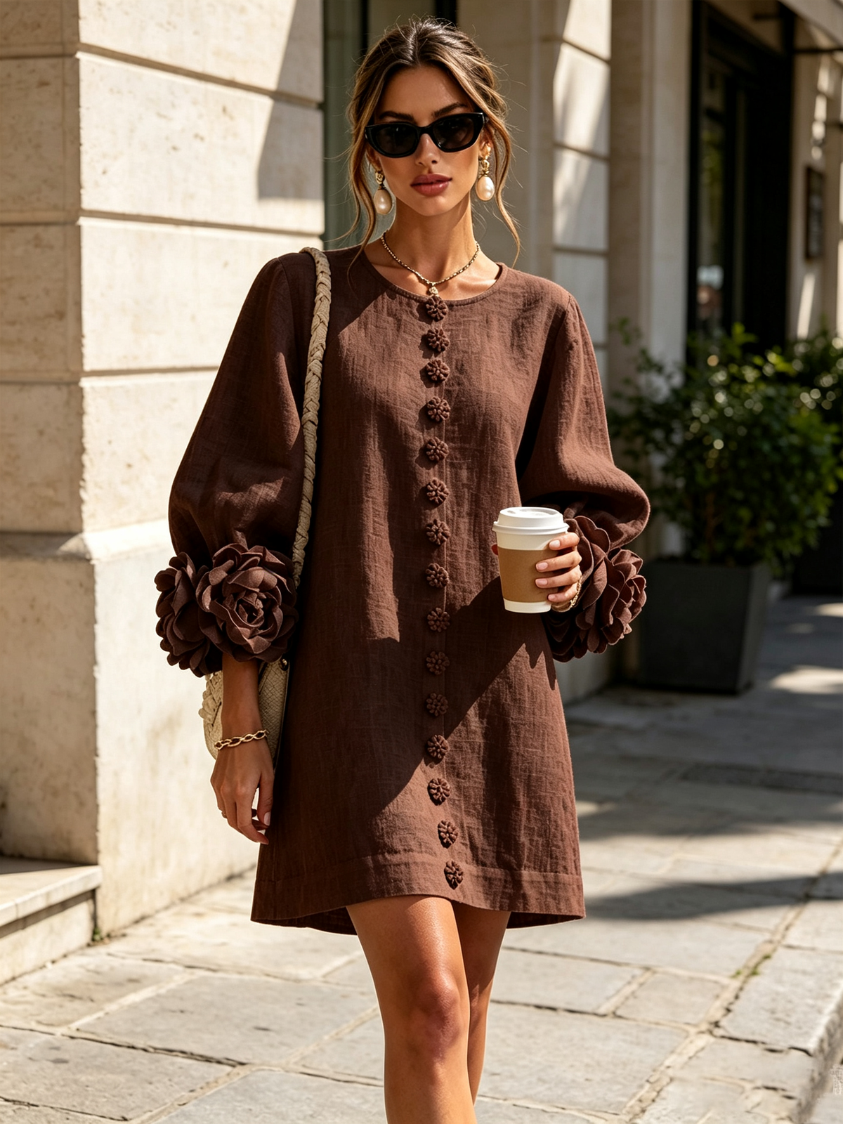 Elegant A-Line Dress with Volume Sleeves and Floral Buttons 30