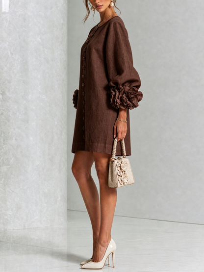Women's Linen Puff Long Sleeve Tunic Mini Shift Dress 28