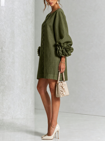 Elegant A-Line Dress with Volume Sleeves and Floral Buttons 8