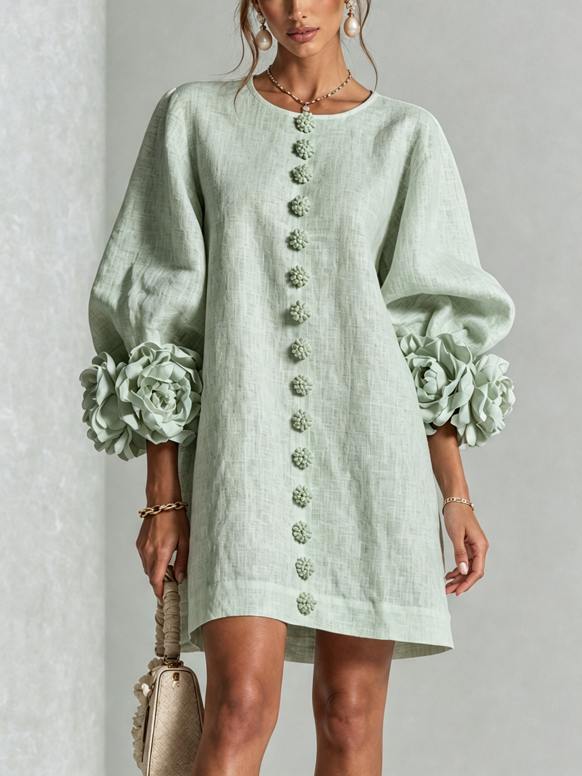 Linen Blend Shirt Dress with Rosette Trim Sleeves 35