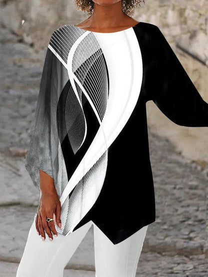 Damenbluse schwarz-weiß, abstraktes Muster, Langarm, lässig, elegant, Baumwolle, Mode.