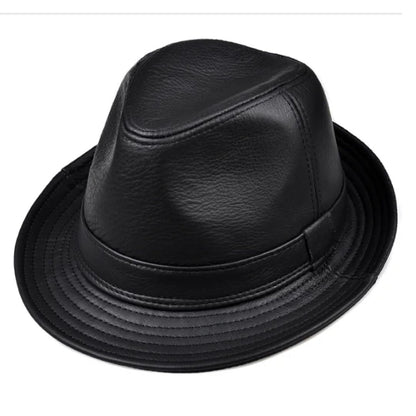 Schwarzer Leder-Fedora-Hut, stilvoll, modisch, Unisex, Accessoire, elegantes Design.