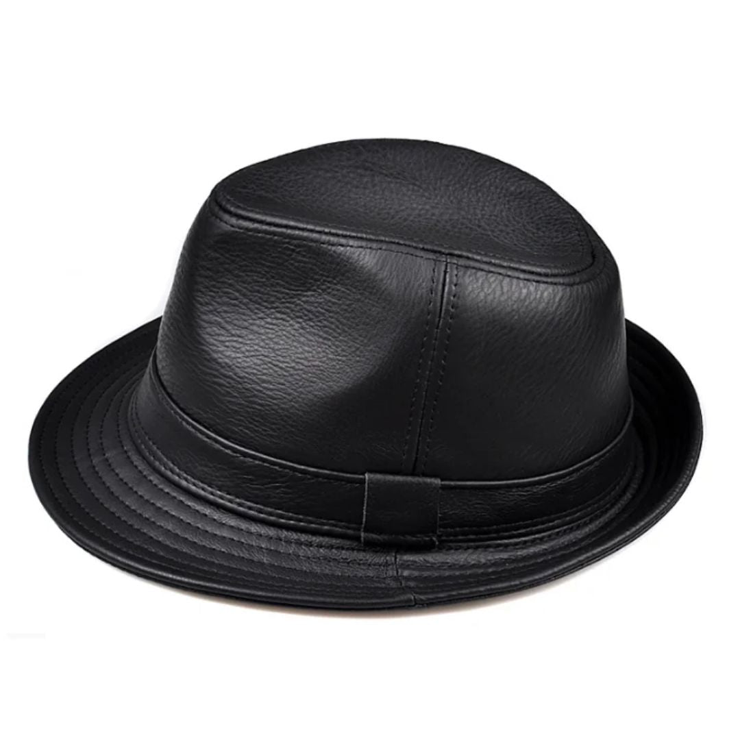 Schwarzer Lederhut, Fedora-Stil, modisch, elegant, Unisex, Accessoire, hochwertig.