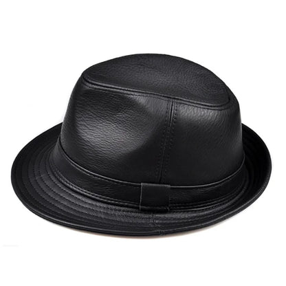 Schwarzer Lederhut, Fedora-Stil, modisch, elegant, Unisex, Accessoire, hochwertig.