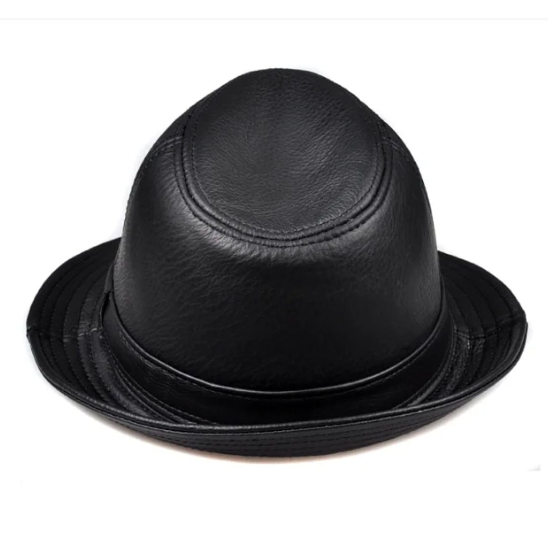 Schwarzer Lederhut, Fedora-Stil, modisch, Unisex, hochwertiges Material, elegant.