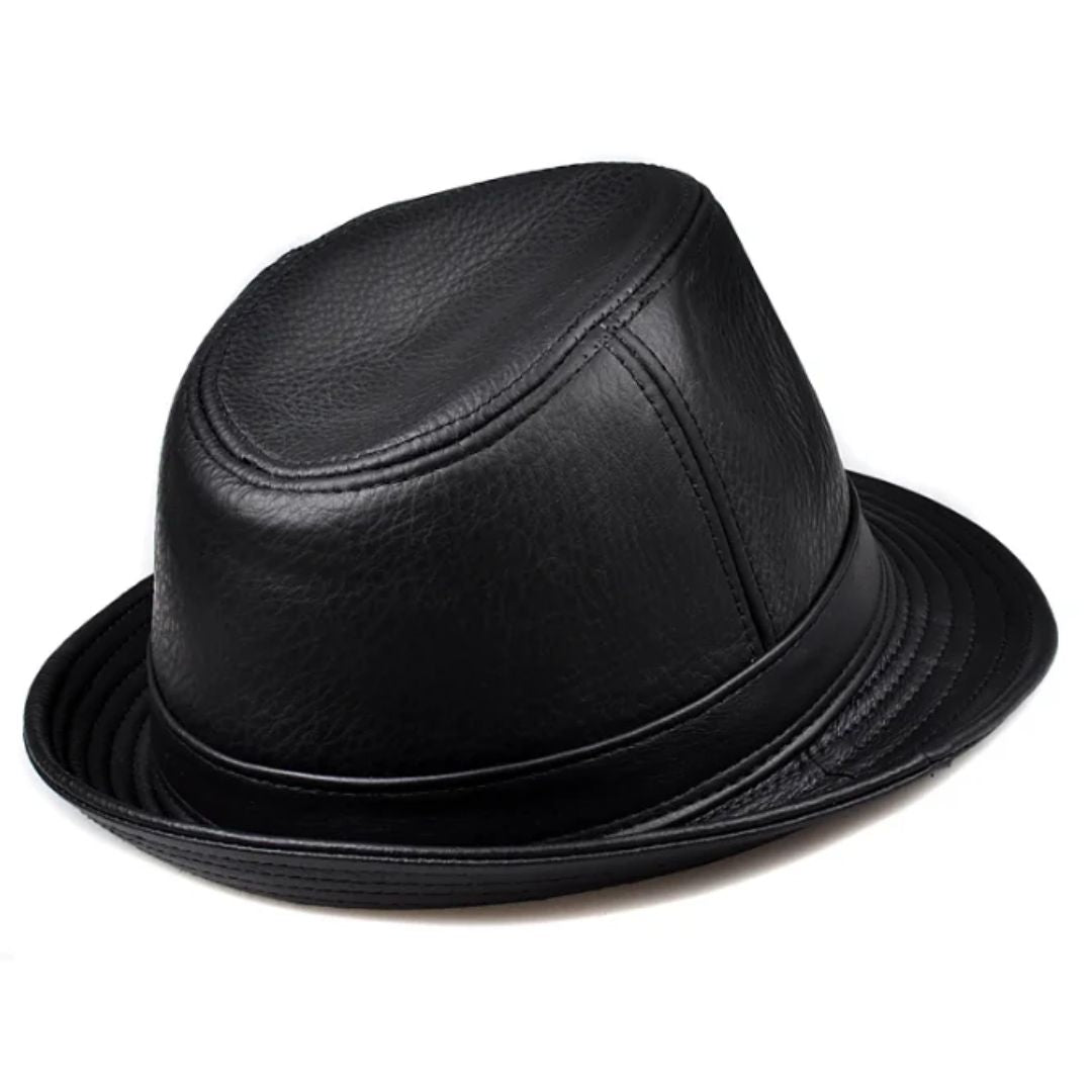 Schwarzer Leder-Fedora-Hut, stilvoll, modisch, Herrenmode, Accessoire, elegantes Design.