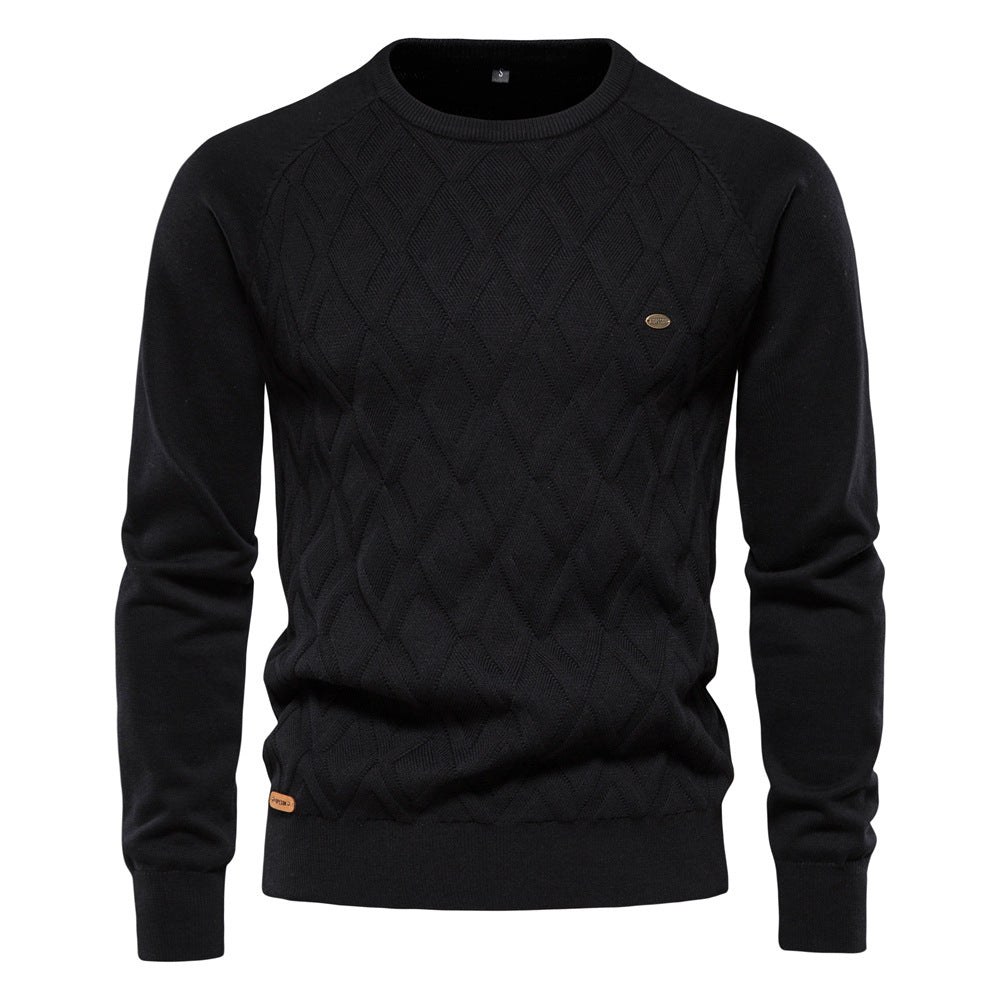Schwarzer Herrenpullover aus Baumwolle, langärmelig, Herbst/Winter, Rautenmuster.