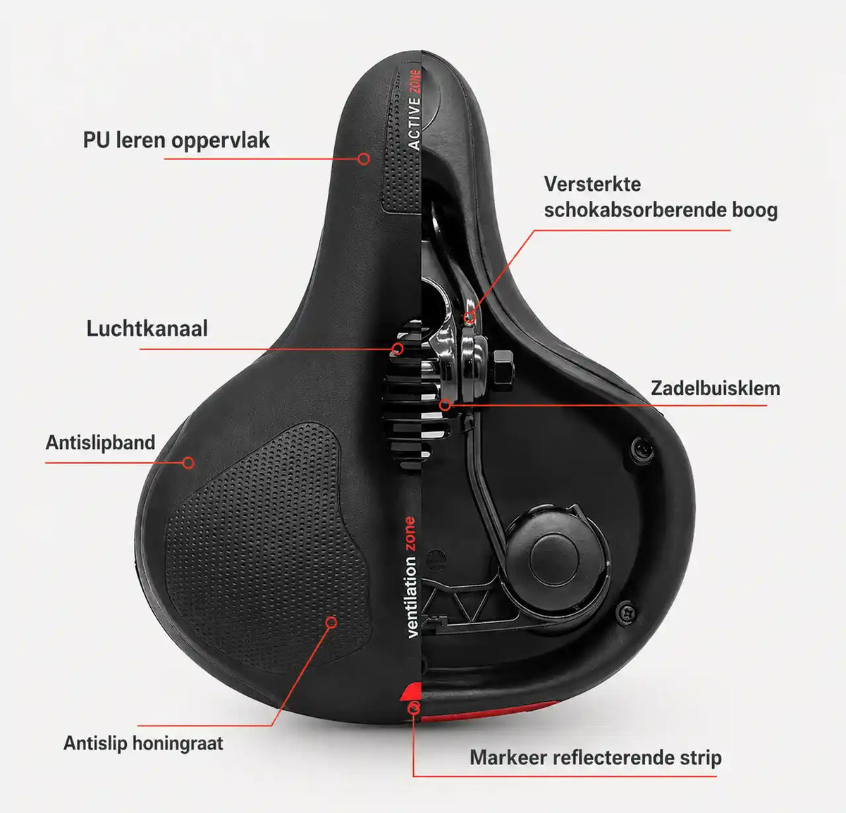 Sadeln delad i ytterskal och genomskärning med pekare mot luftkanal, antislipband, dämpande bygel, sadelstolpsklämma och reflex. 18