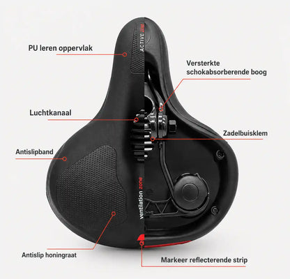 Sadeln delad i ytterskal och genomskärning med pekare mot luftkanal, antislipband, dämpande bygel, sadelstolpsklämma och reflex. 18