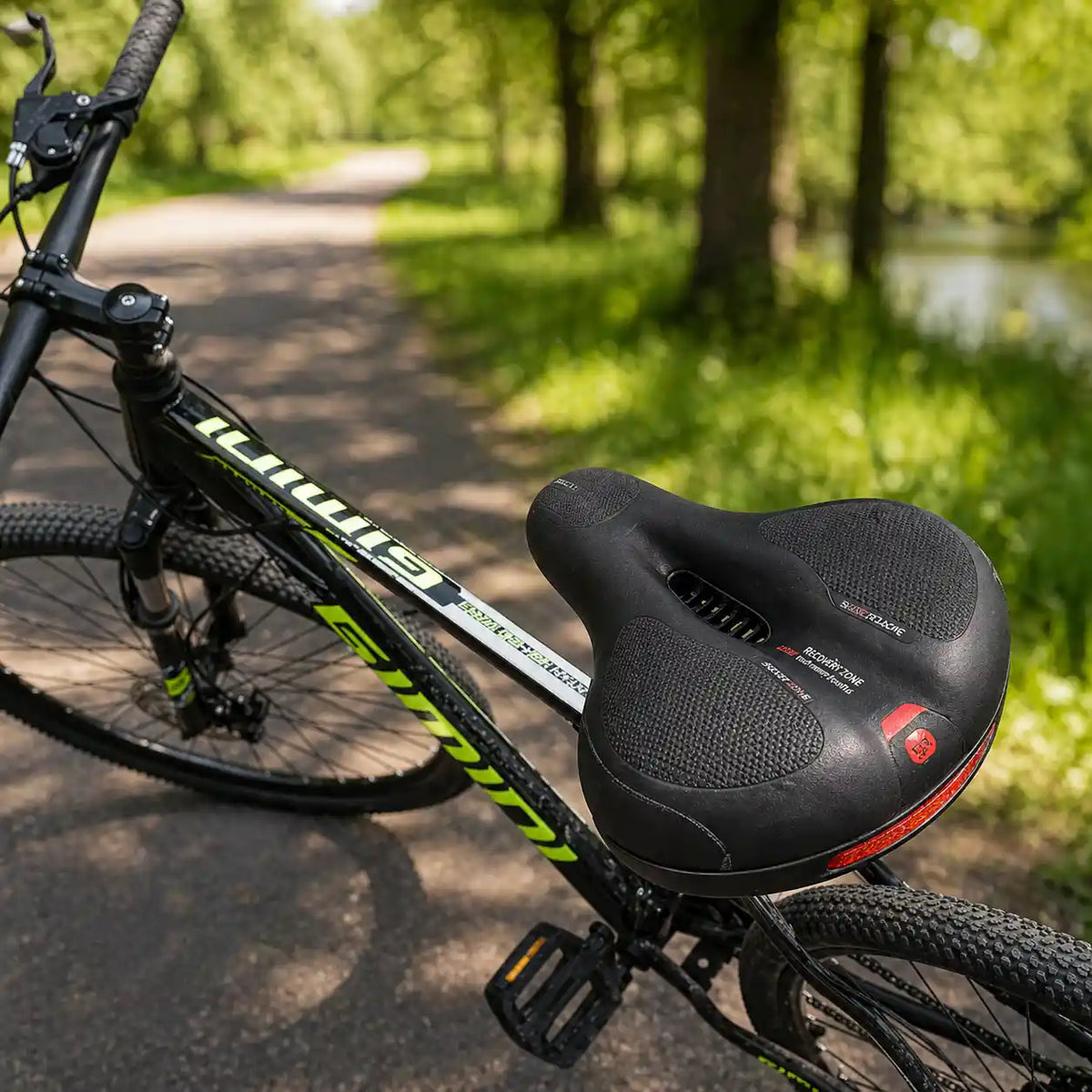 Svart sadel på en mountainbike på en skogsstig i solljus, med urtag och röd reflexremsa bak. 9