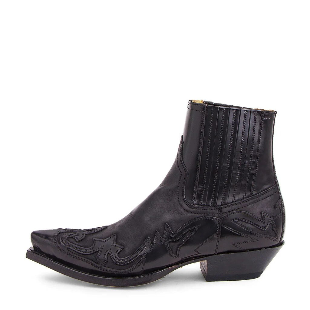 Schwarze Western-Cowboystiefel, Leder, spitz, Stickdesign, Unisex, Größe 35-48.