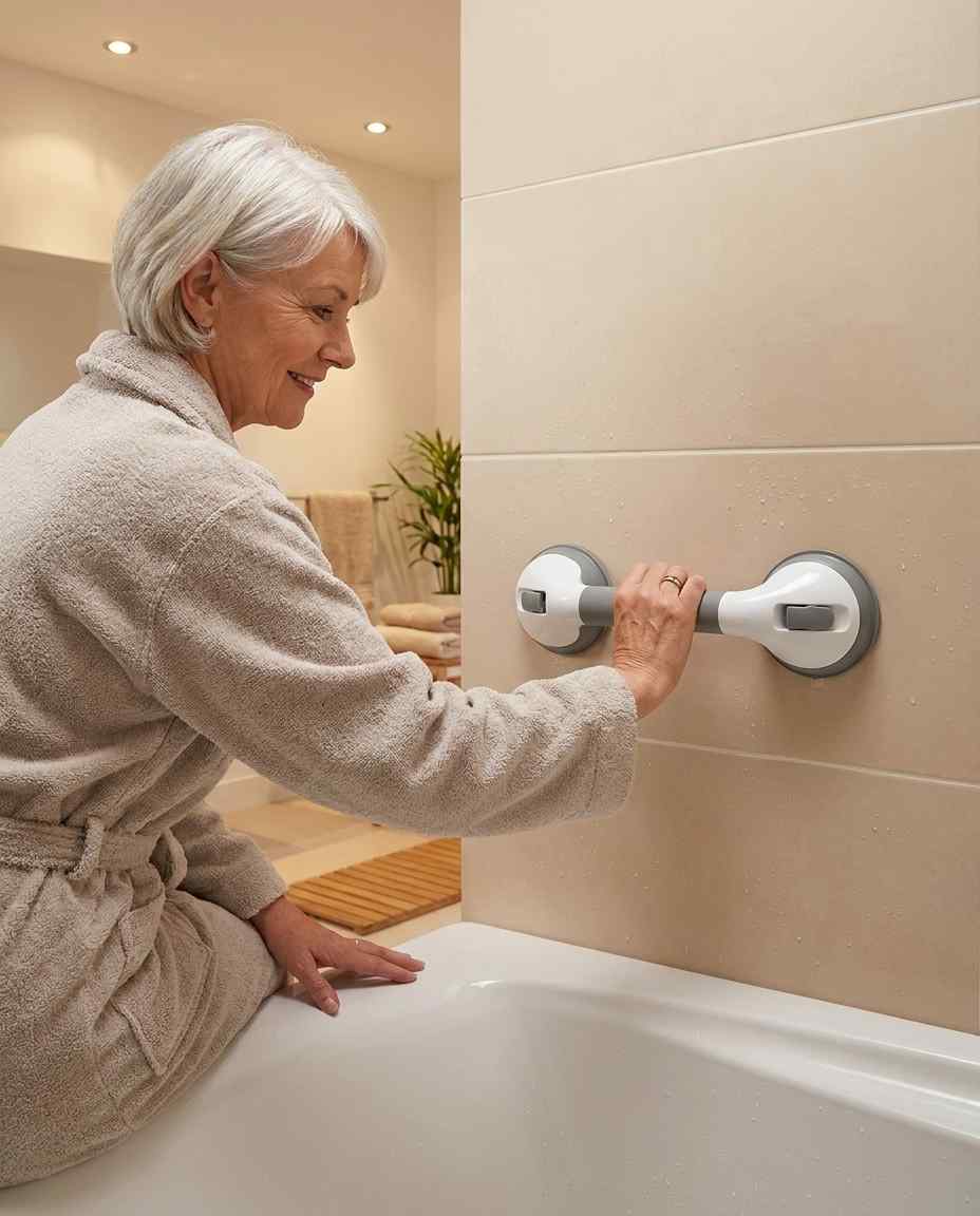 Leende äldre kvinna i beige badrock sitter på badkarskanten och greppar handtaget som sitter vågrätt på beige kakelvägg. 16