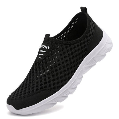 Schwarze Herren-Mesh-Loafers, atmungsaktiv, leicht, sportlich, weiße Sohle.