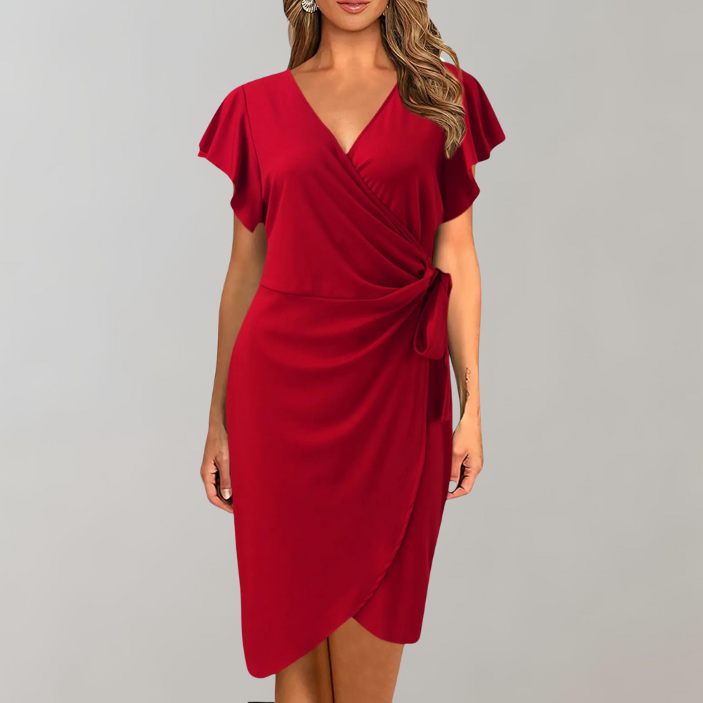 Rotes Damenkleid, V-Ausschnitt, Wickeloptik, kurze Ärmel, elegantes Design, Sommermode.