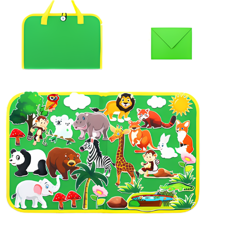 Grüner Kinderpuzzleteppich mit bunten Zootieren, Tragetasche und Umschlag.