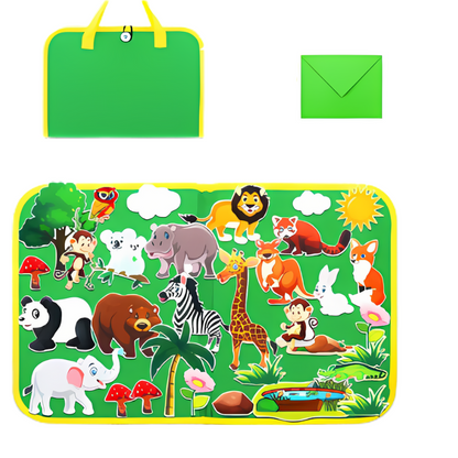 Grüner Kinderpuzzleteppich mit bunten Zootieren, Tragetasche und Umschlag.